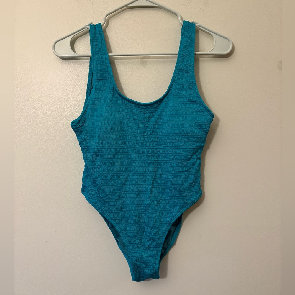 Mosmann Turquoise Ruched One Piece High Cut Cheeky Swimsuit, Size Medium